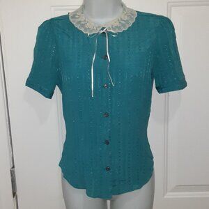 1980 Lace Collar w/Bow * Teal Green * Short Sleeve Silky Blouse * Vintage * EUC